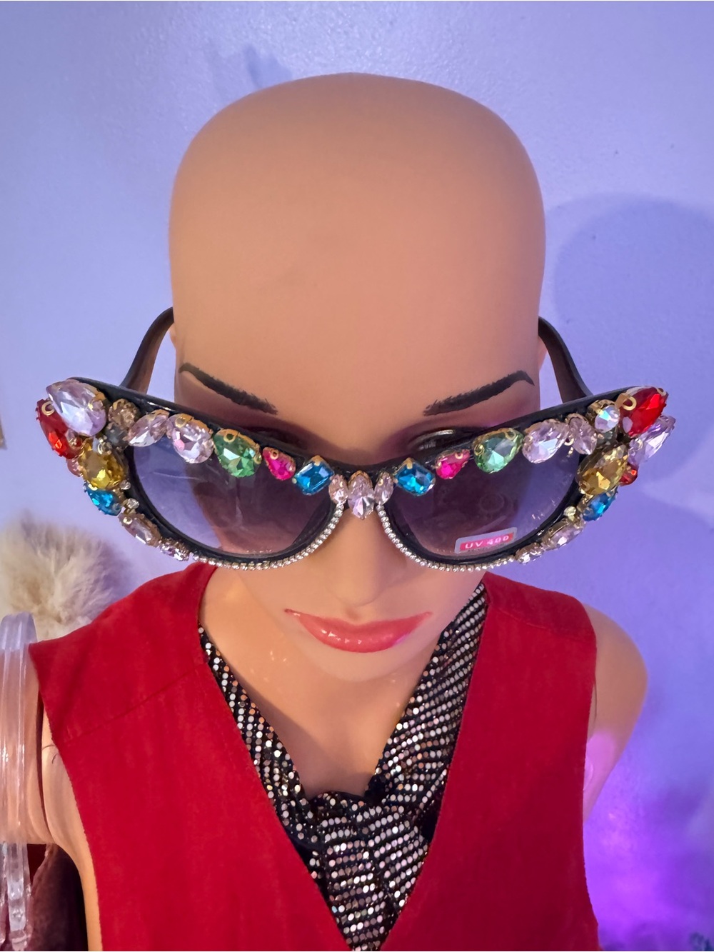 Bold Multicolor Crystal Embellished Cat Eye Sunglasses - Picture 5 of 7